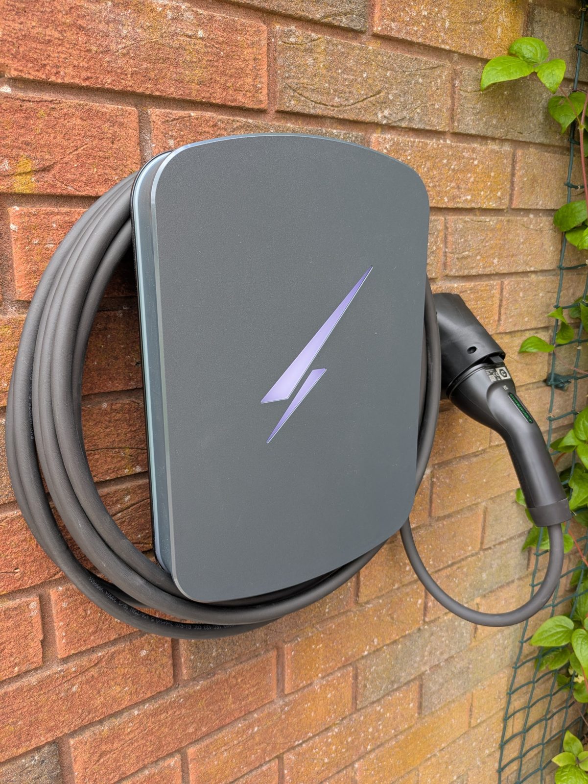 An EV charger with a lit lightning bolt face beside a climbing plant