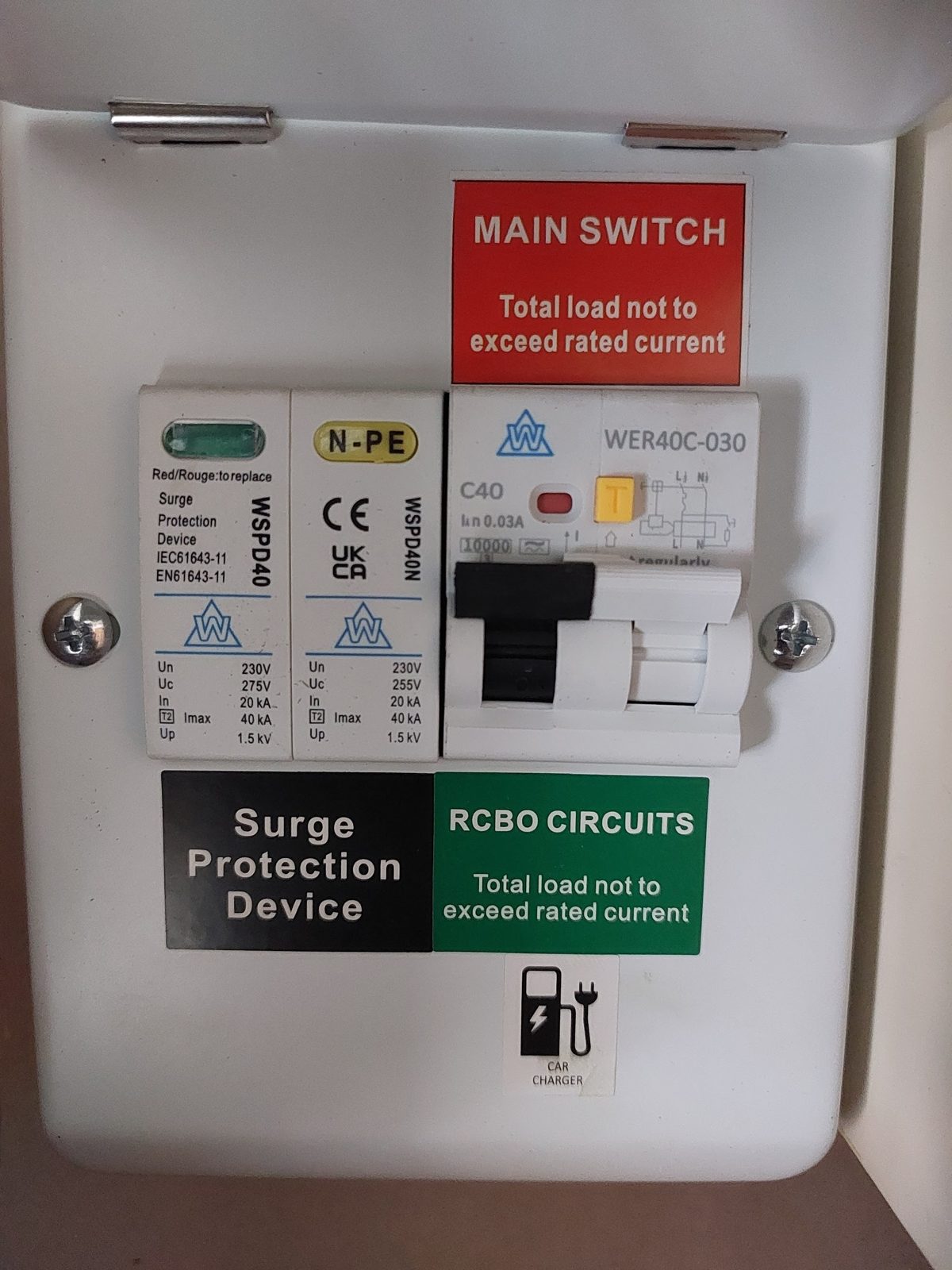 A new consumer unit with a main switch, surge protection device and RCBO circuits