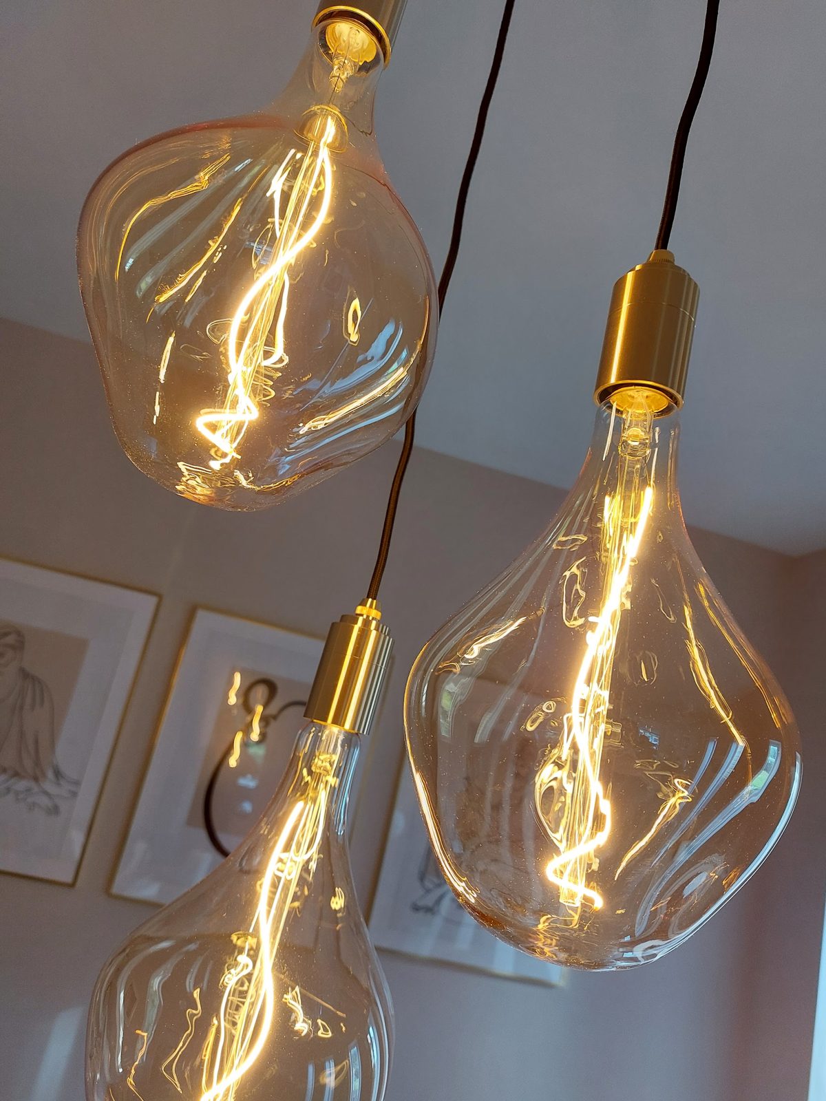 Two large filament pendant bulbs with brass holders