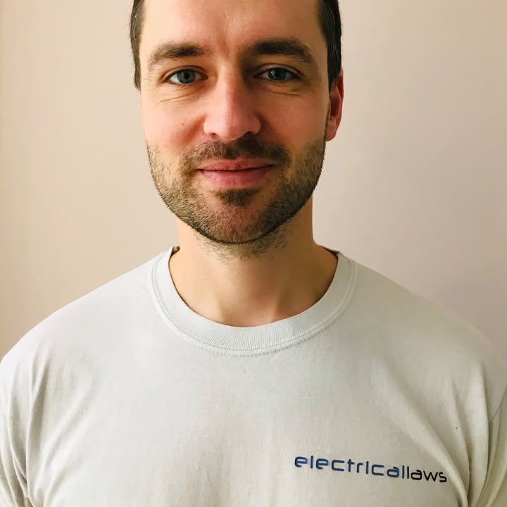 Jonny Laws in a grey Electricallaws T-shirt